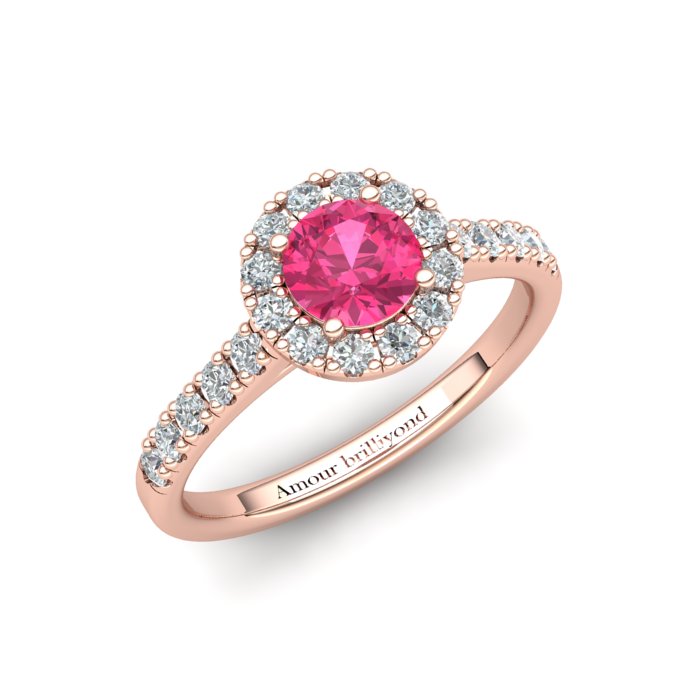 Sapphire Engagement Ring 5mm Round Pink Sapphire in Rose Gold with White Cluster Stones