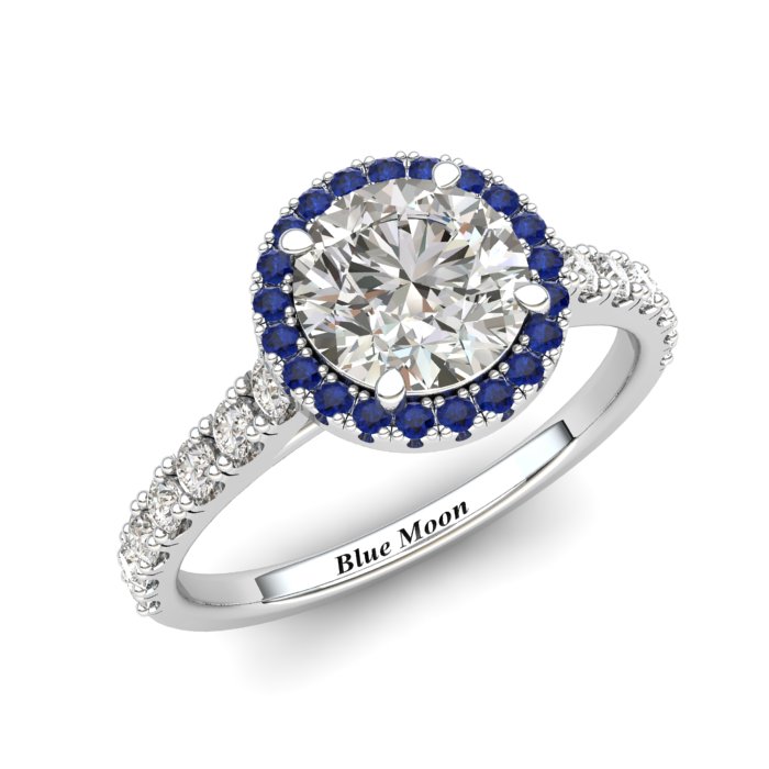 Sapphire Engagement Ring 6mm Round Blue Sapphire in White Gold with Blue Cluster Stones
