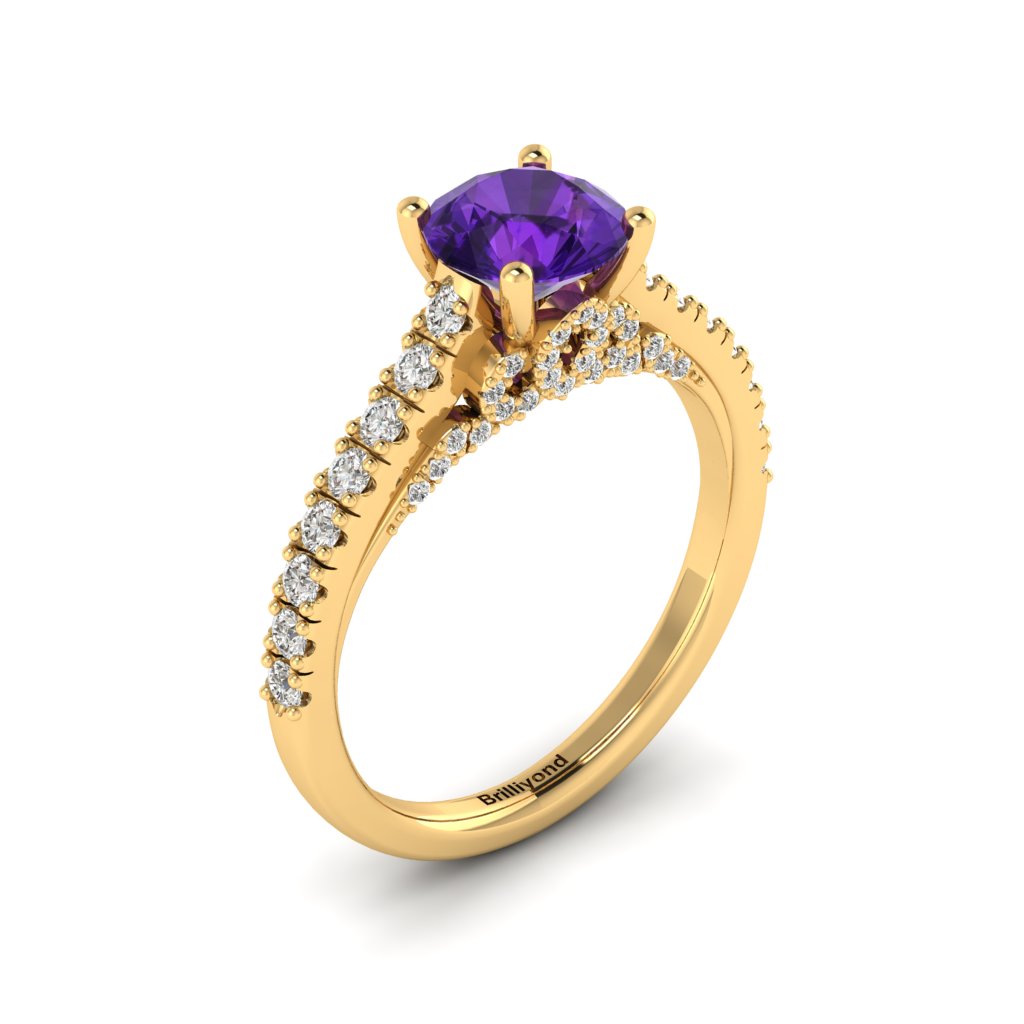 Yellow Gold Brilliant Cut Amethyst Engagement Ring Vera