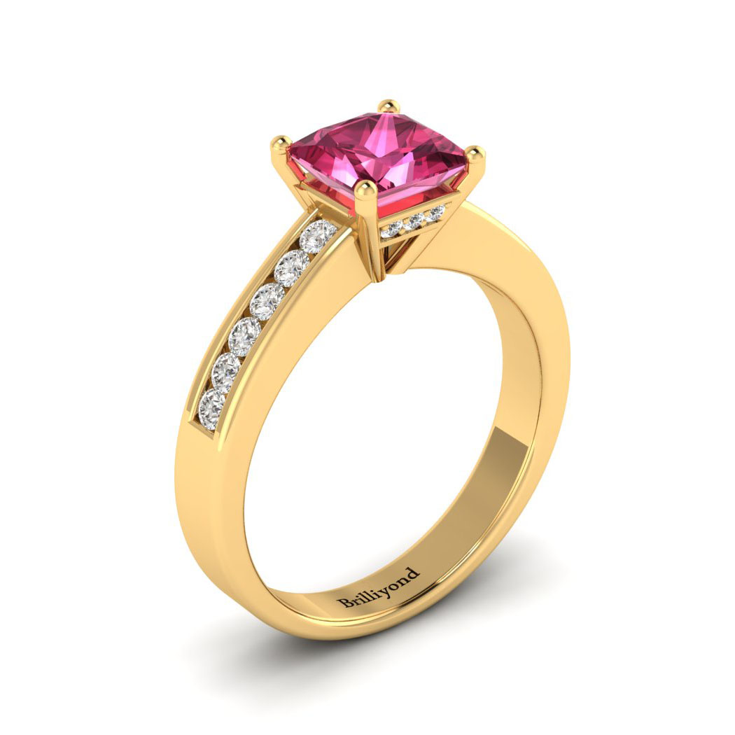 Pink Sapphire Yellow Gold Princess Cut Engagement Ring Pharos