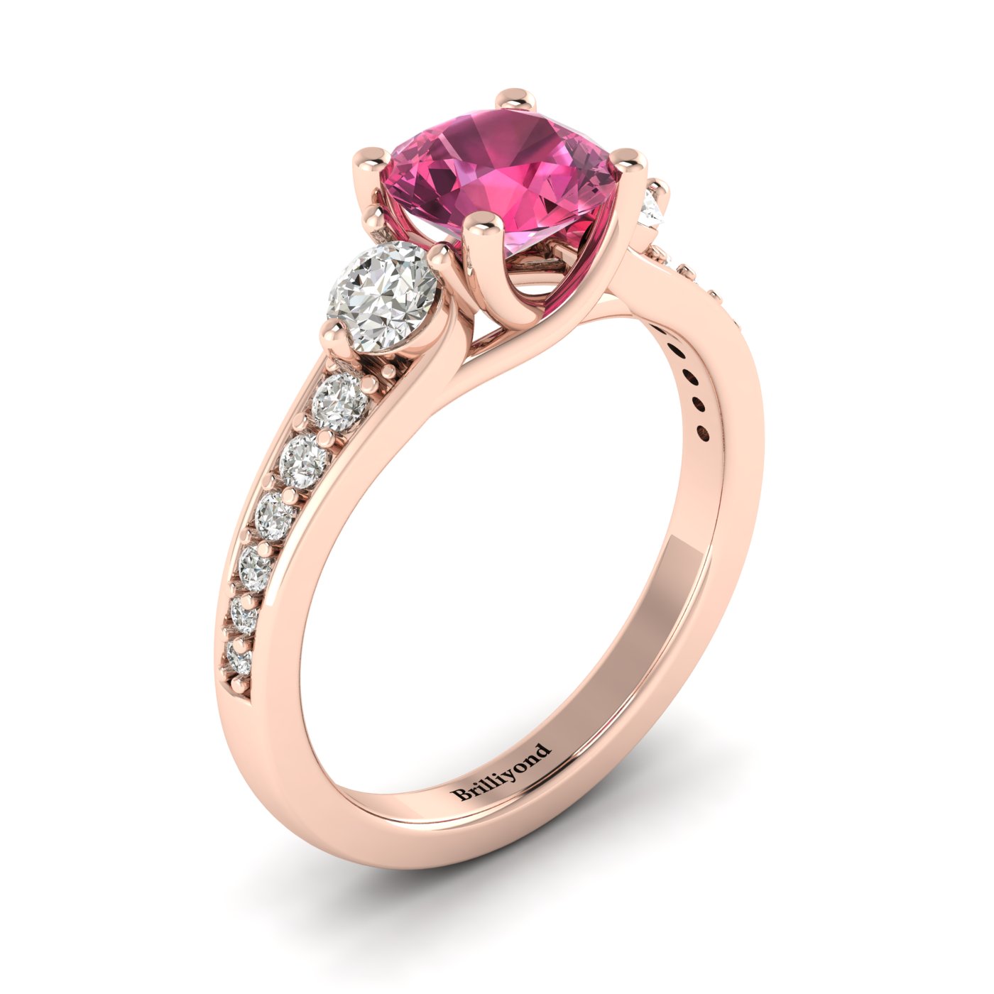 Pink Sapphire Rose Gold Three Stone Engagement Ring Sorento