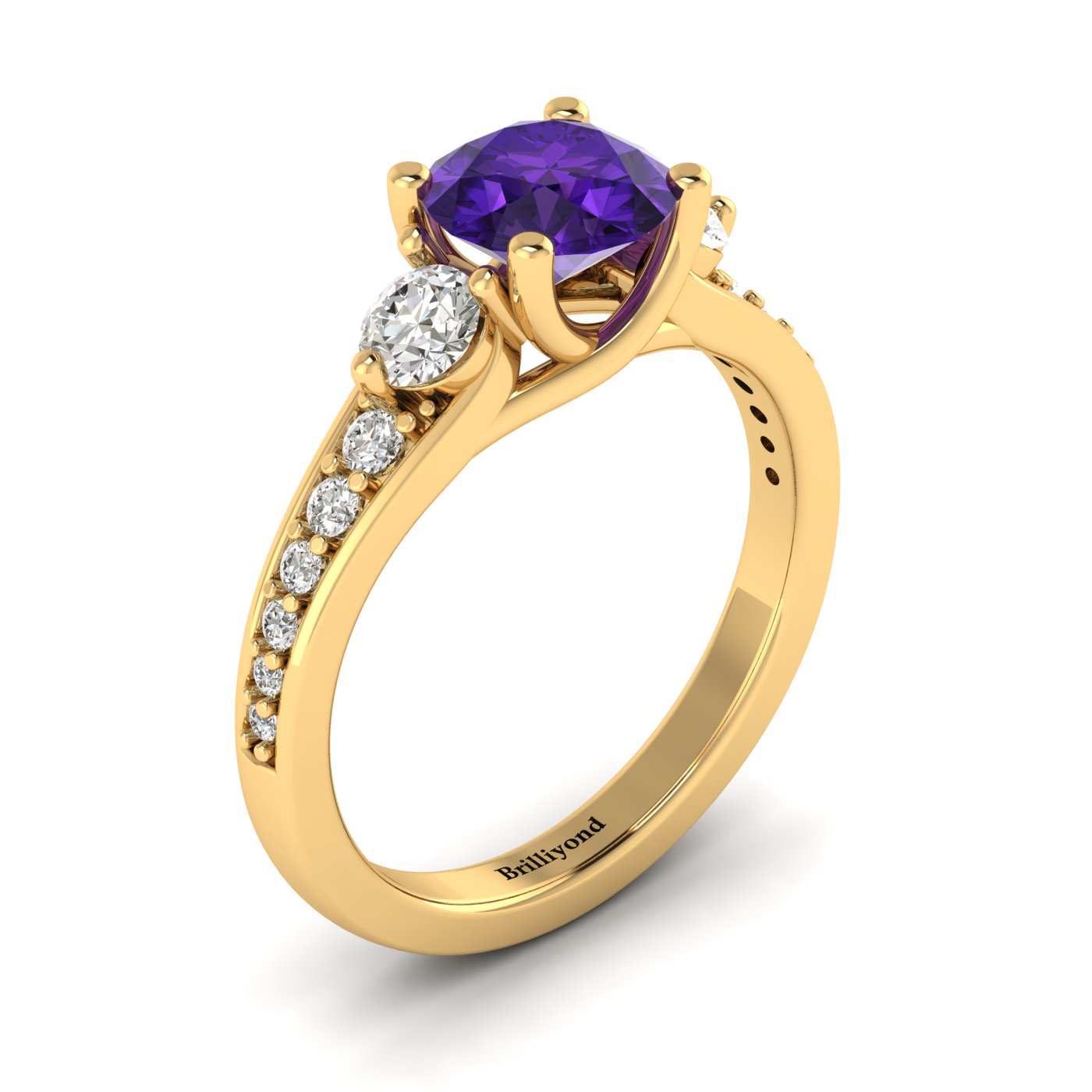 Amethyst Yellow Gold Three Stone Engagement Ring Sorento