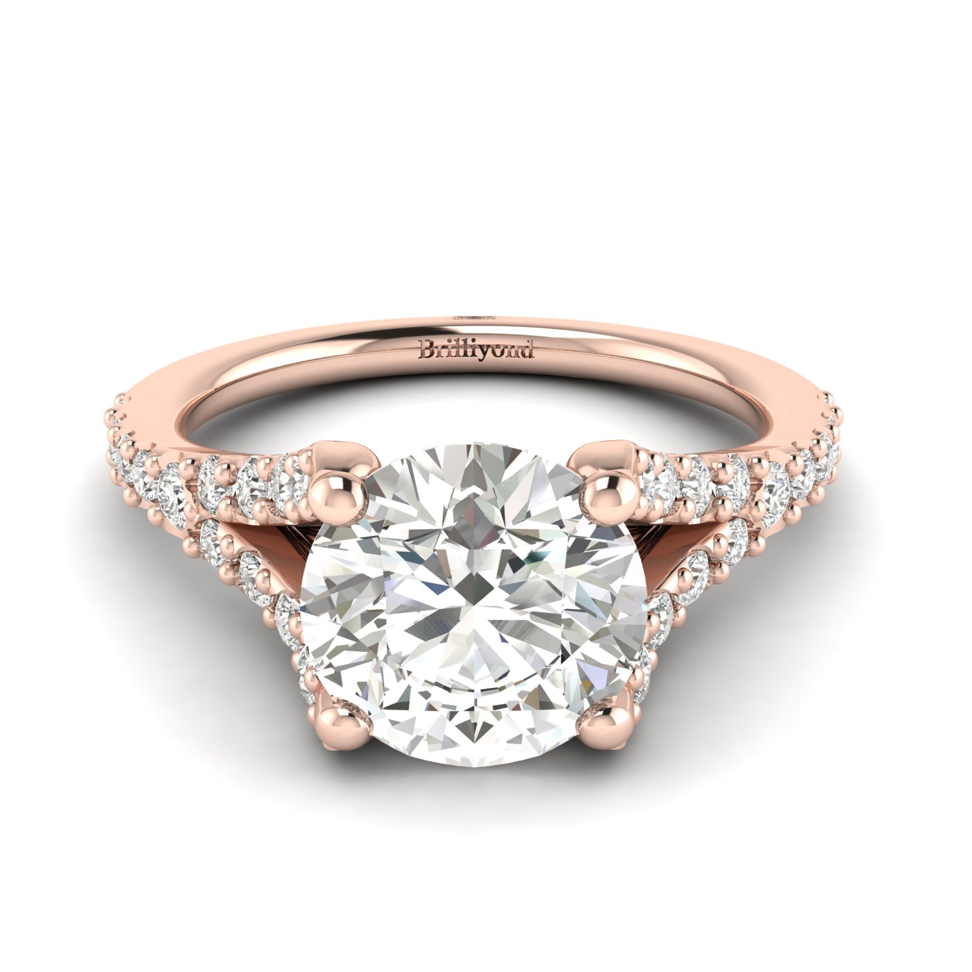 A Juliana inspired engagement ring with 26 white cubic zirconia in a pavé split shank setting.