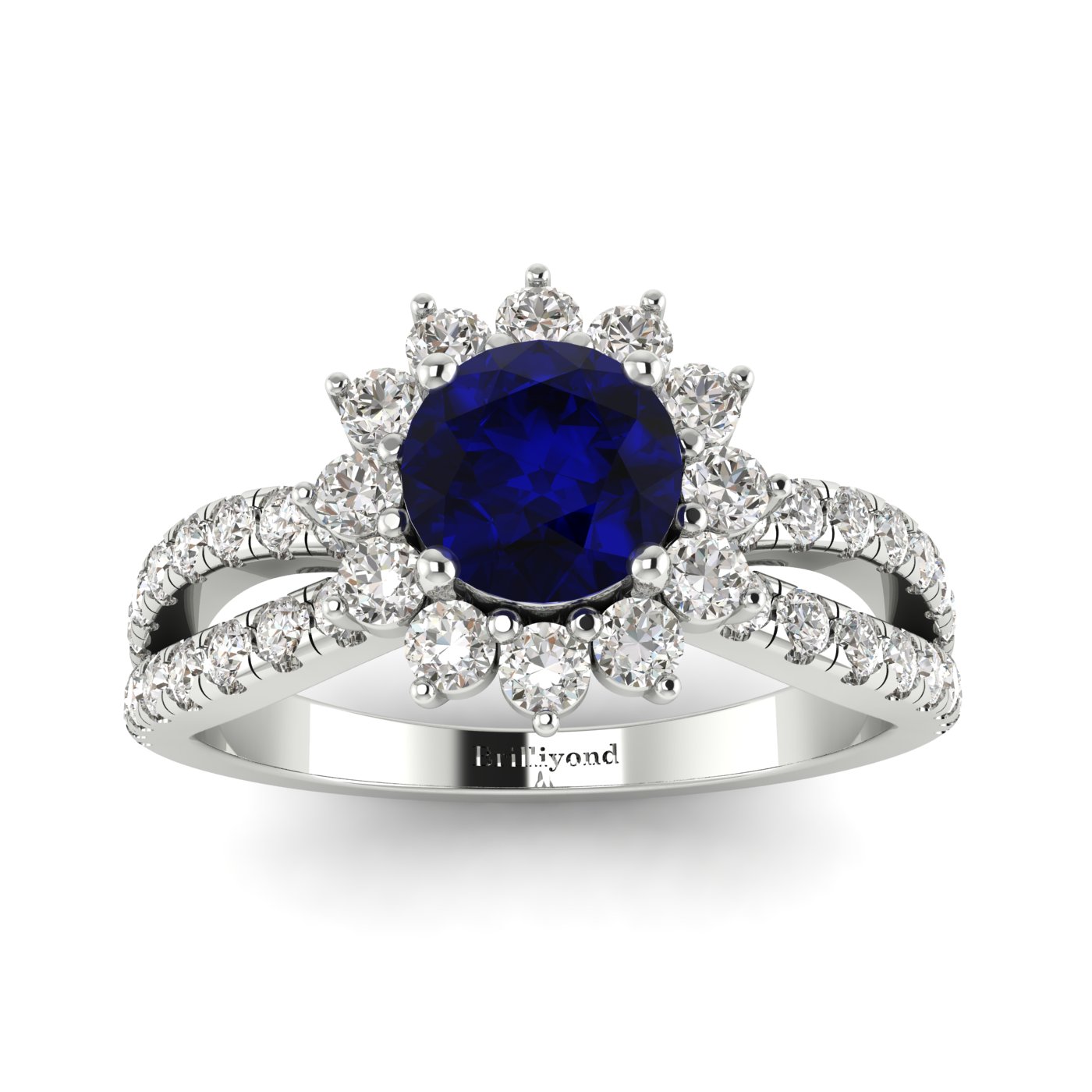 Blue Sapphire White Gold Halo Engagement Ring Nefertari