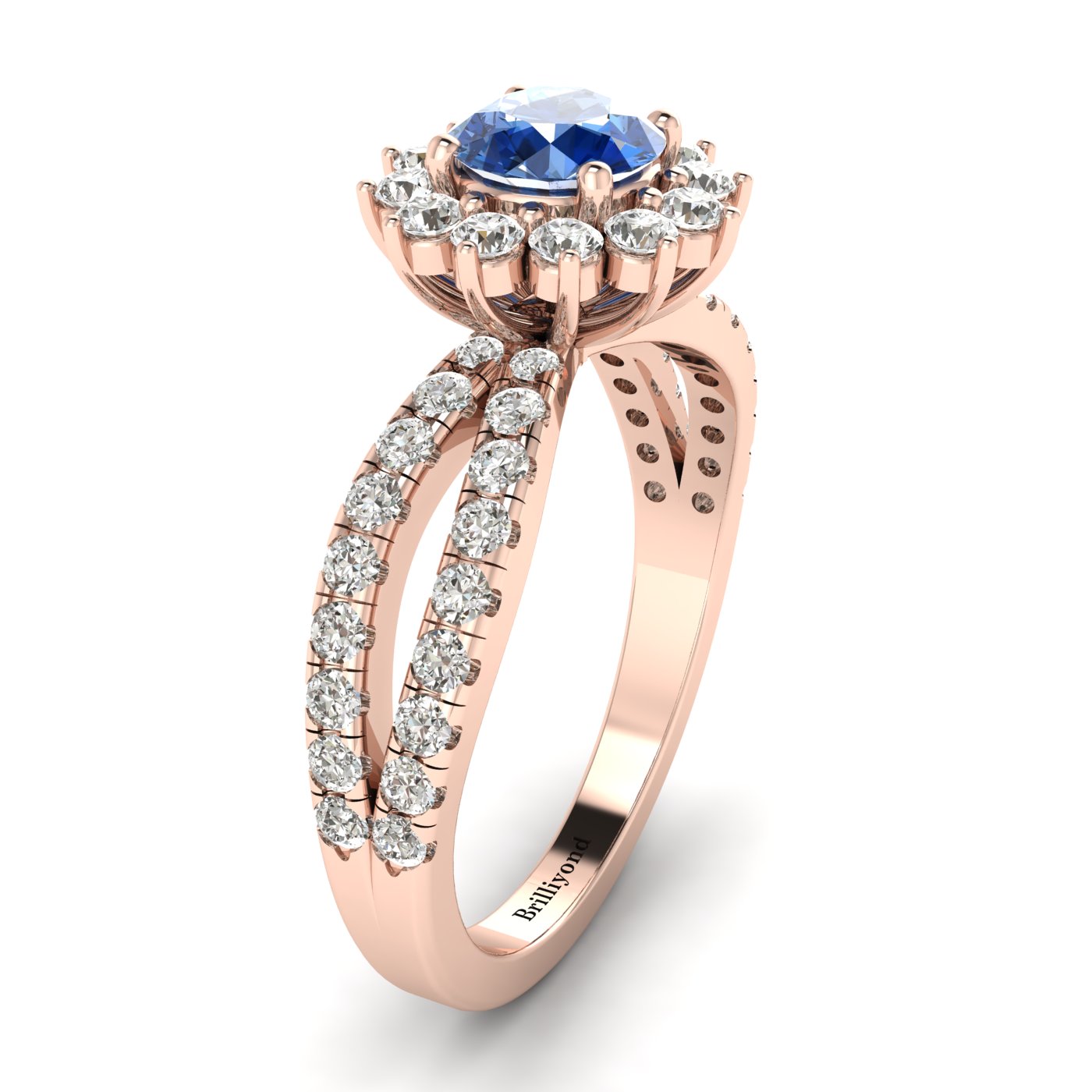 Blue Sapphire Rose Gold Halo Engagement Ring Nefertari