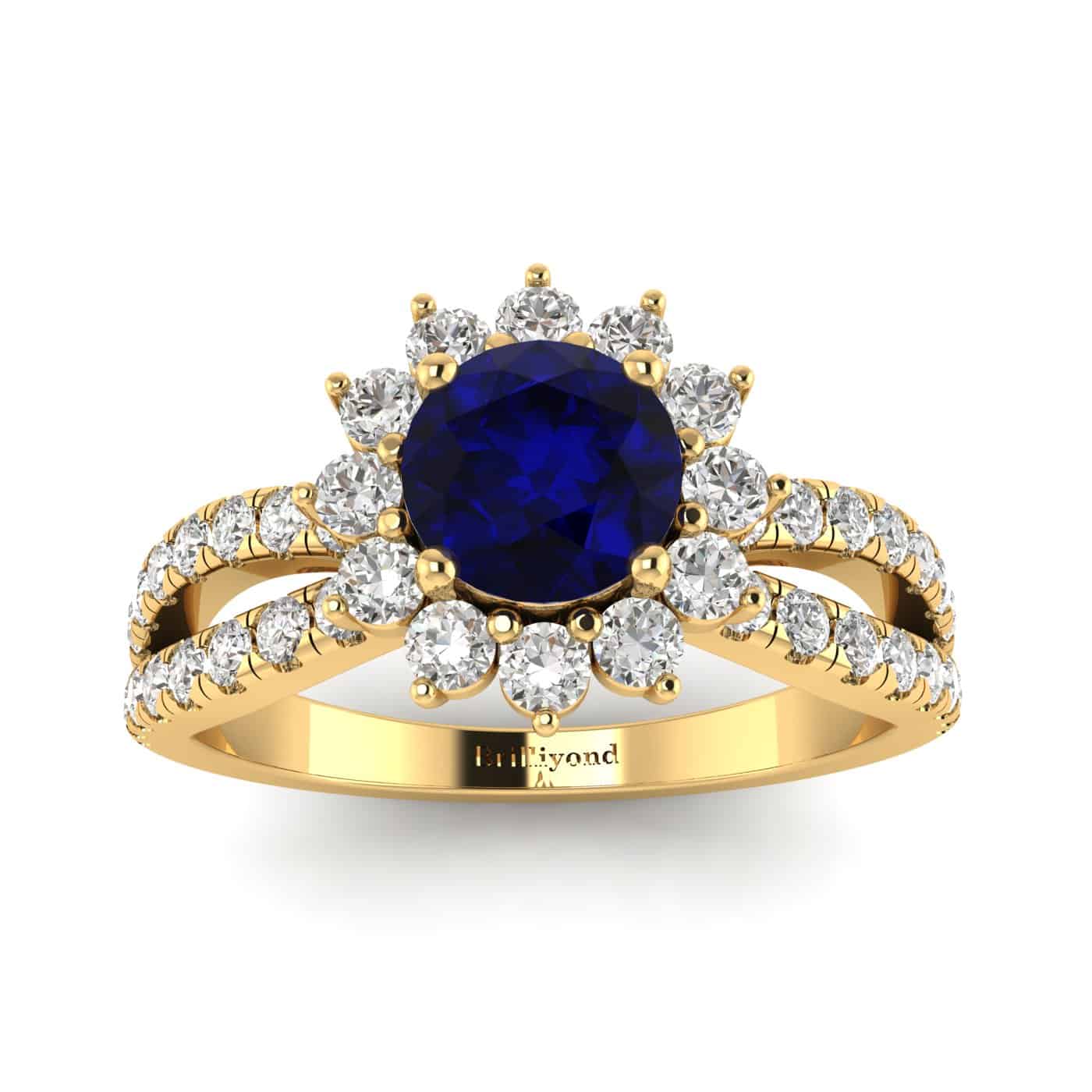 Blue Sapphire Yellow Gold Halo Engagement Ring Nefertari