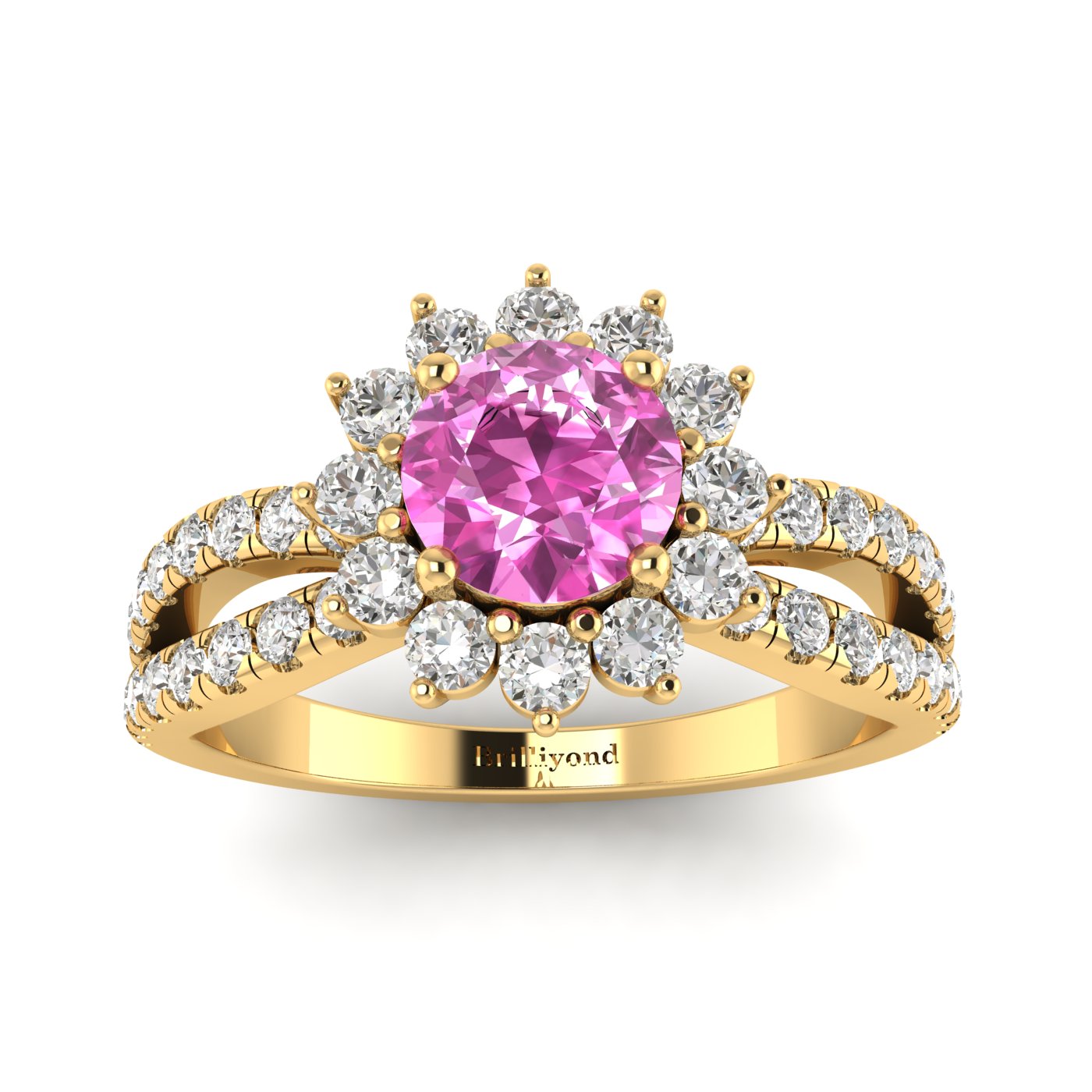 Pink Sapphire Yellow Gold Halo Engagement Ring Nefertari