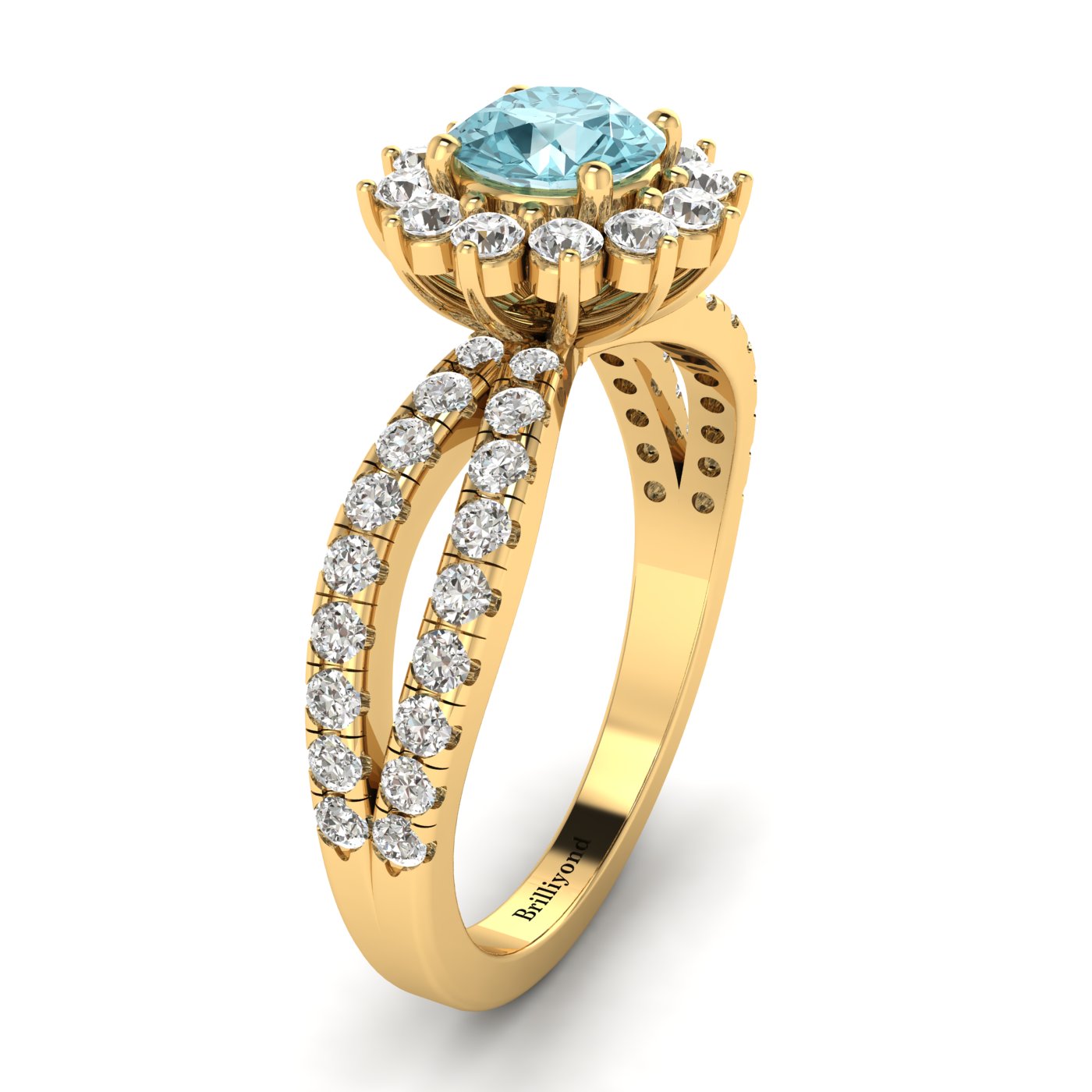 Aquamarine Yellow Gold Halo Engagement Ring Nefertari
