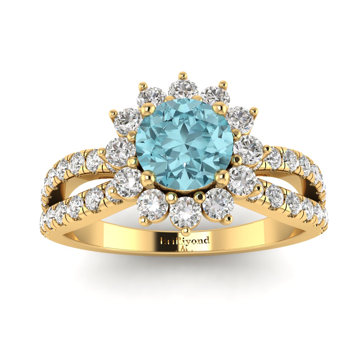 Aquamarine Yellow Gold Halo Engagement Ring Nefertari