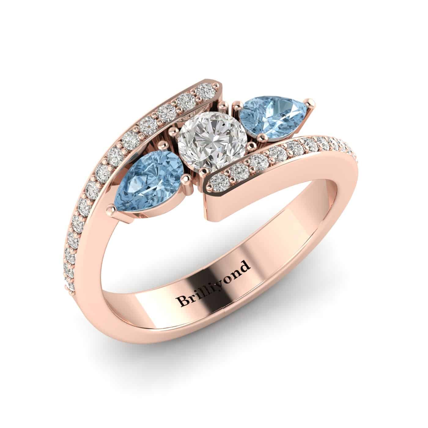 White Sapphire Aquamarine Rose Gold Colour Accented Engagement Ring Naiad