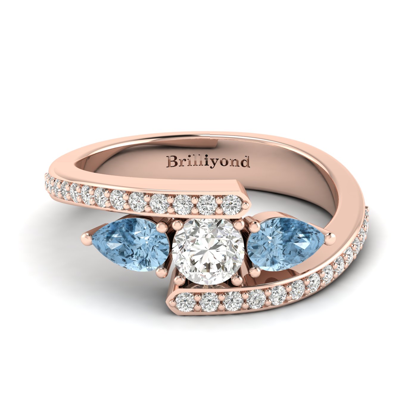White Sapphire Aquamarine Rose Gold Colour Accented Engagement Ring Naiad