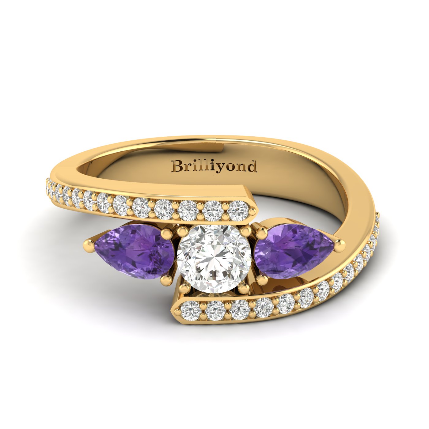 White Sapphire Amethyst Yellow Gold Colour Accented Engagement Ring Naiad