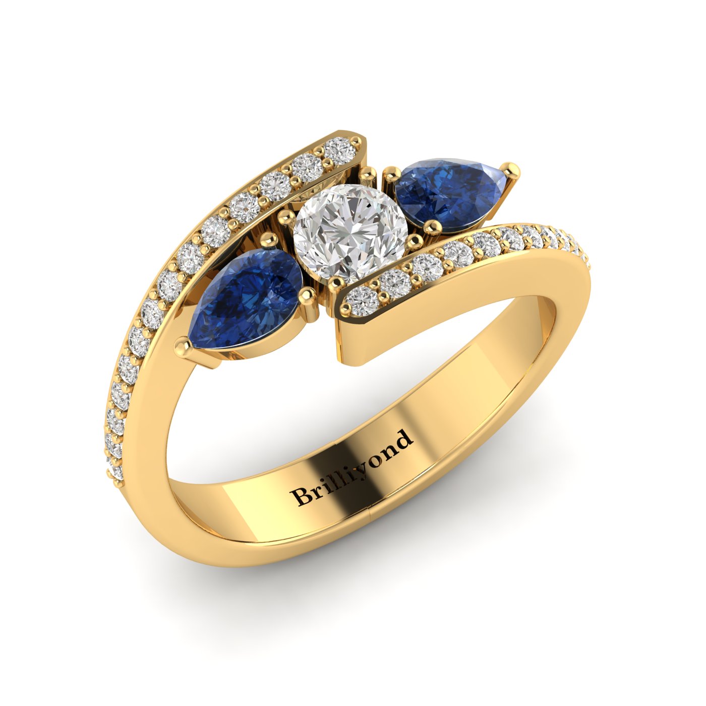 Diamond Blue Sapphire Yellow Gold Colour Accented Engagement Ring Naiad