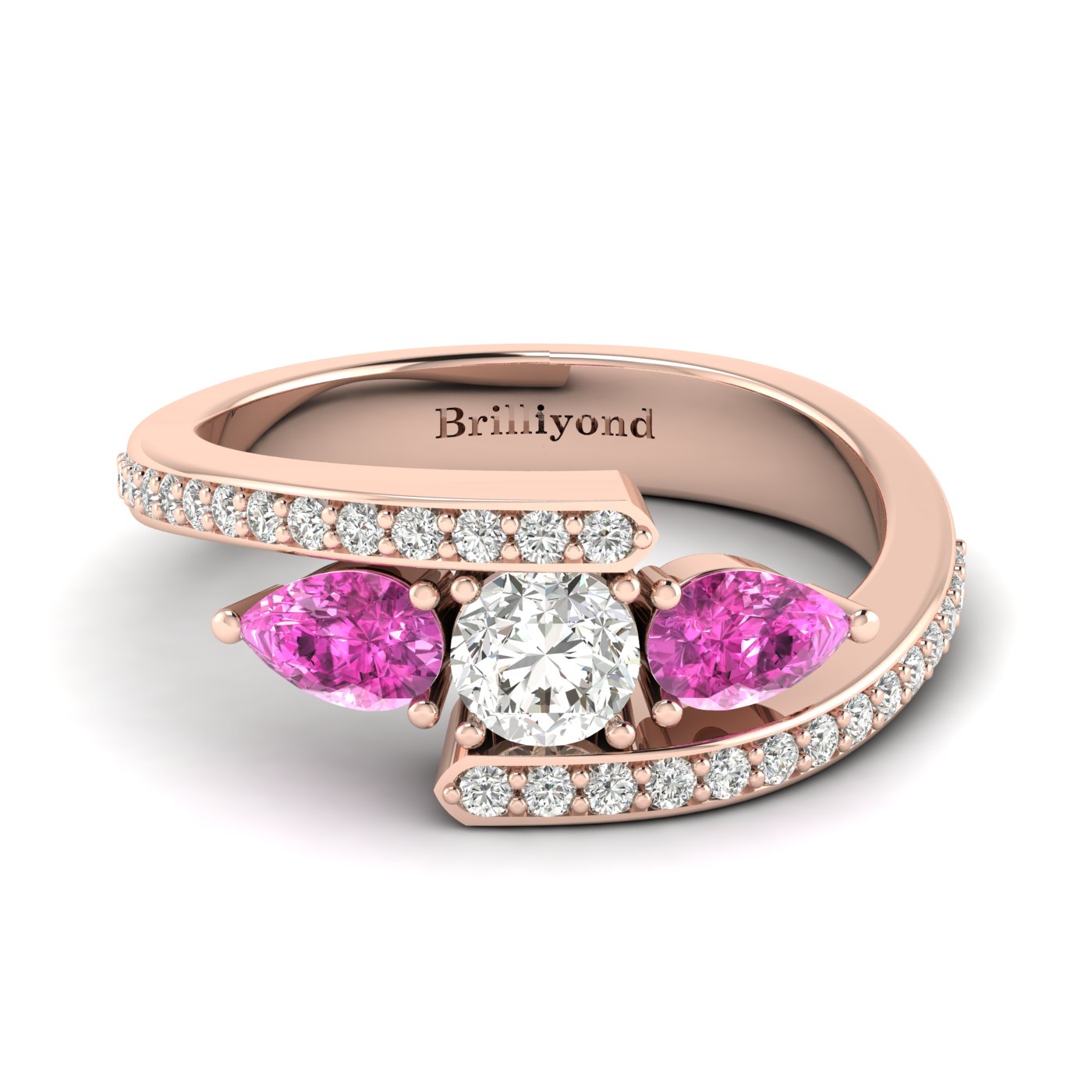 4.5mm Round Diamond with Pink Pear Shape Sapphires on 18k Rose Gold Band