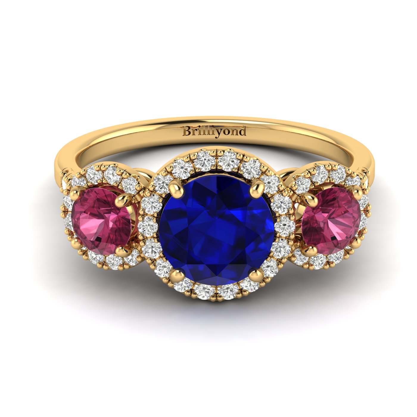 Blue Sapphire Yellow Gold Three Stone Engagement Ring Springtime