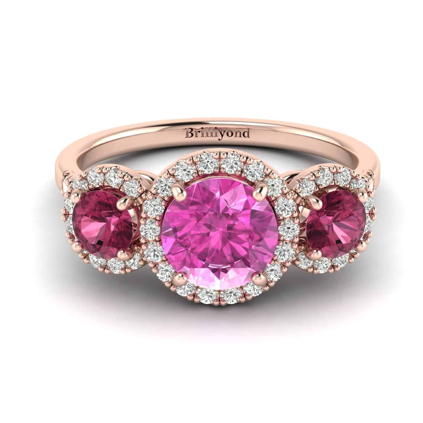Pink Sapphire Rose Gold Three Stone Engagement Ring Springtime