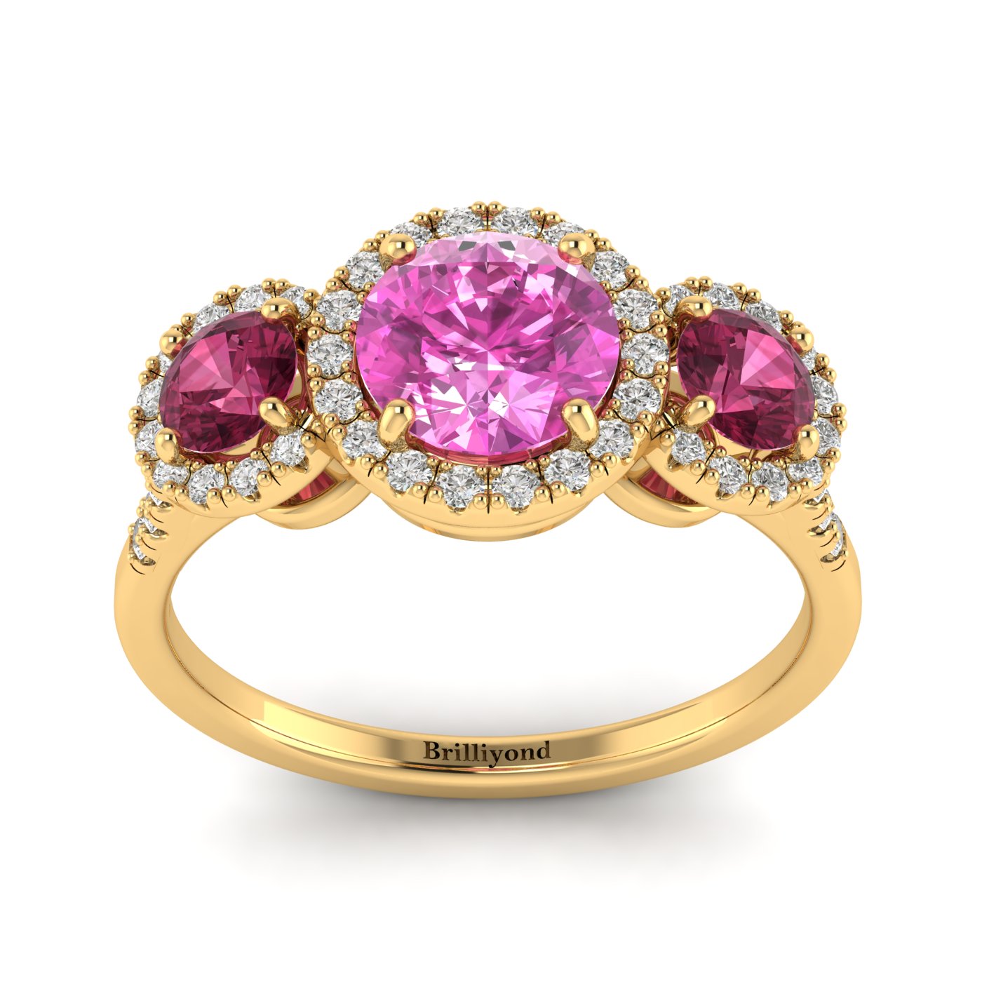 Pink Sapphire Yellow Gold Three Stone Engagement Ring Springtime