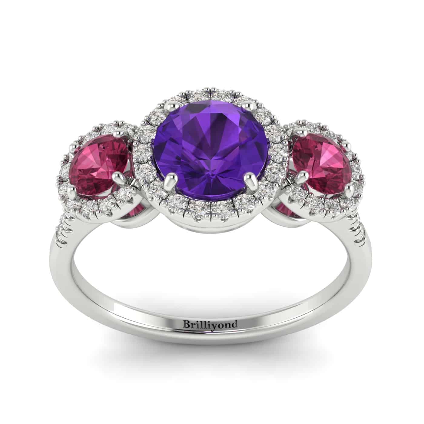 Amethyst White Gold Three Stone Engagement Ring Springtime