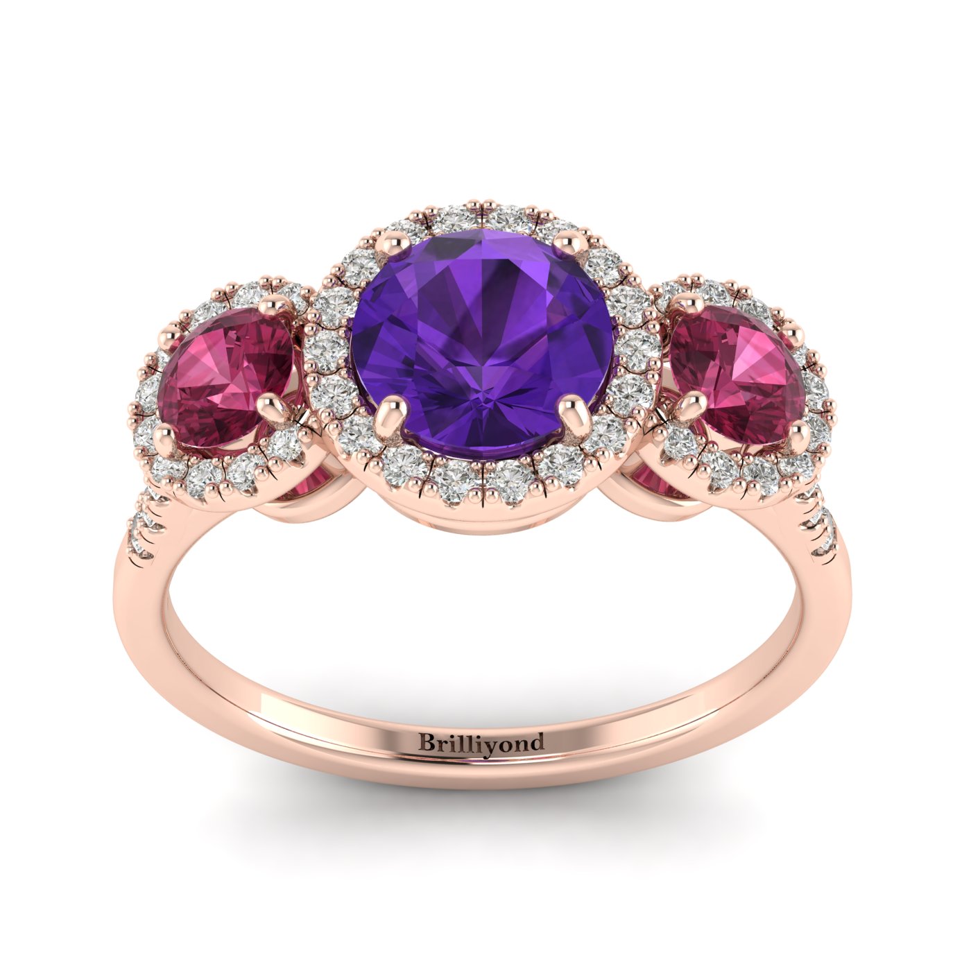 Amethyst Rose Gold Three Stone Engagement Ring Springtime