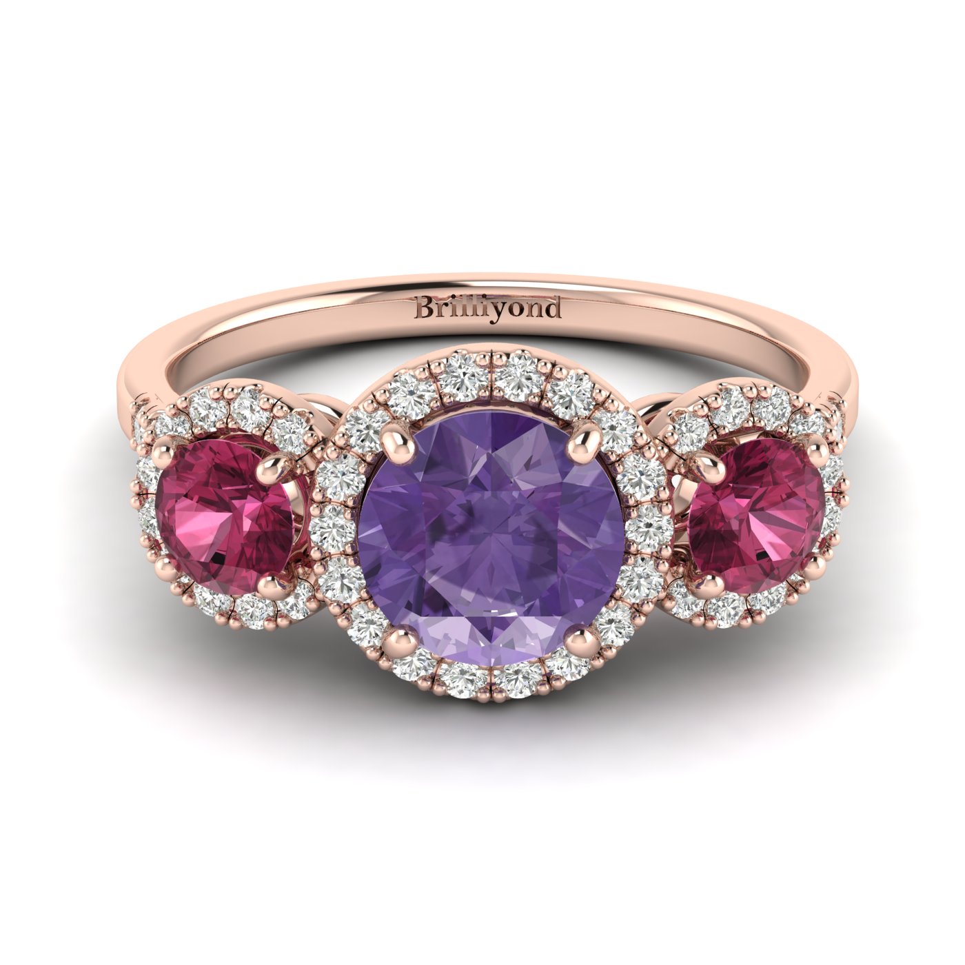 Amethyst Rose Gold Three Stone Engagement Ring Springtime