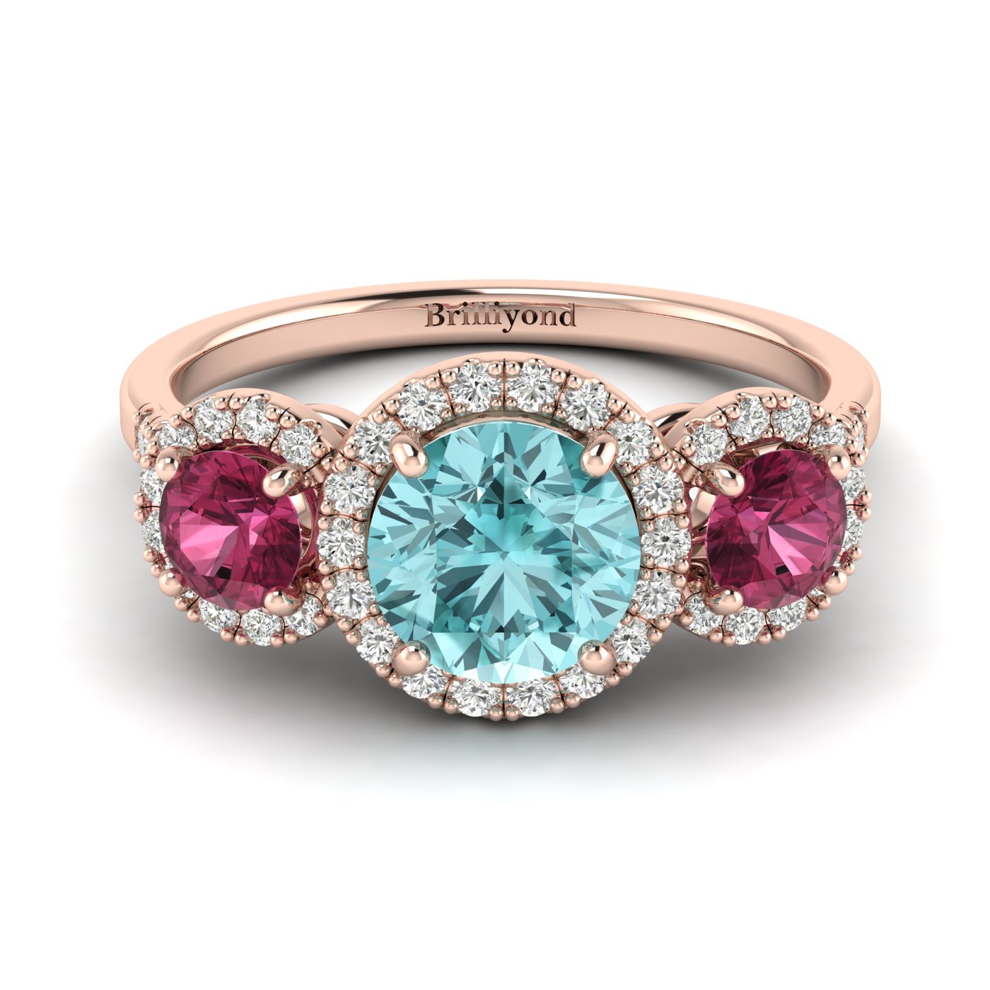 Aquamarine Rose Gold Three Stone Engagement Ring Springtime