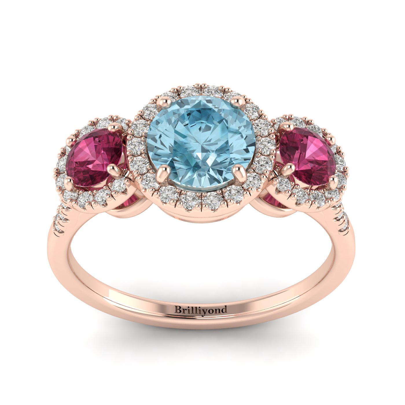 Aquamarine Rose Gold Three Stone Engagement Ring Springtime