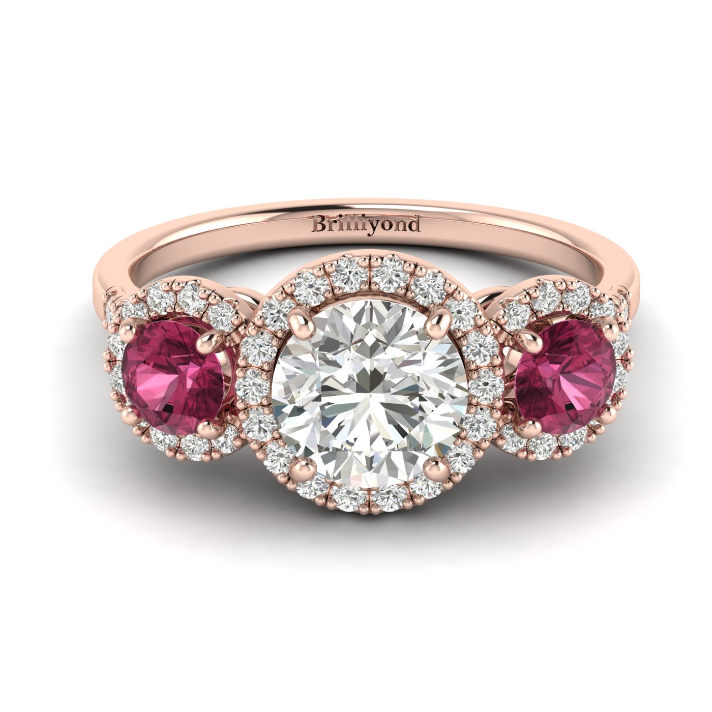 White Sapphire Rose Gold Three Stone Engagement Ring Springtime