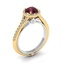Garnet and CZ Halo Two Tone Engagement Ring by Brilliyond