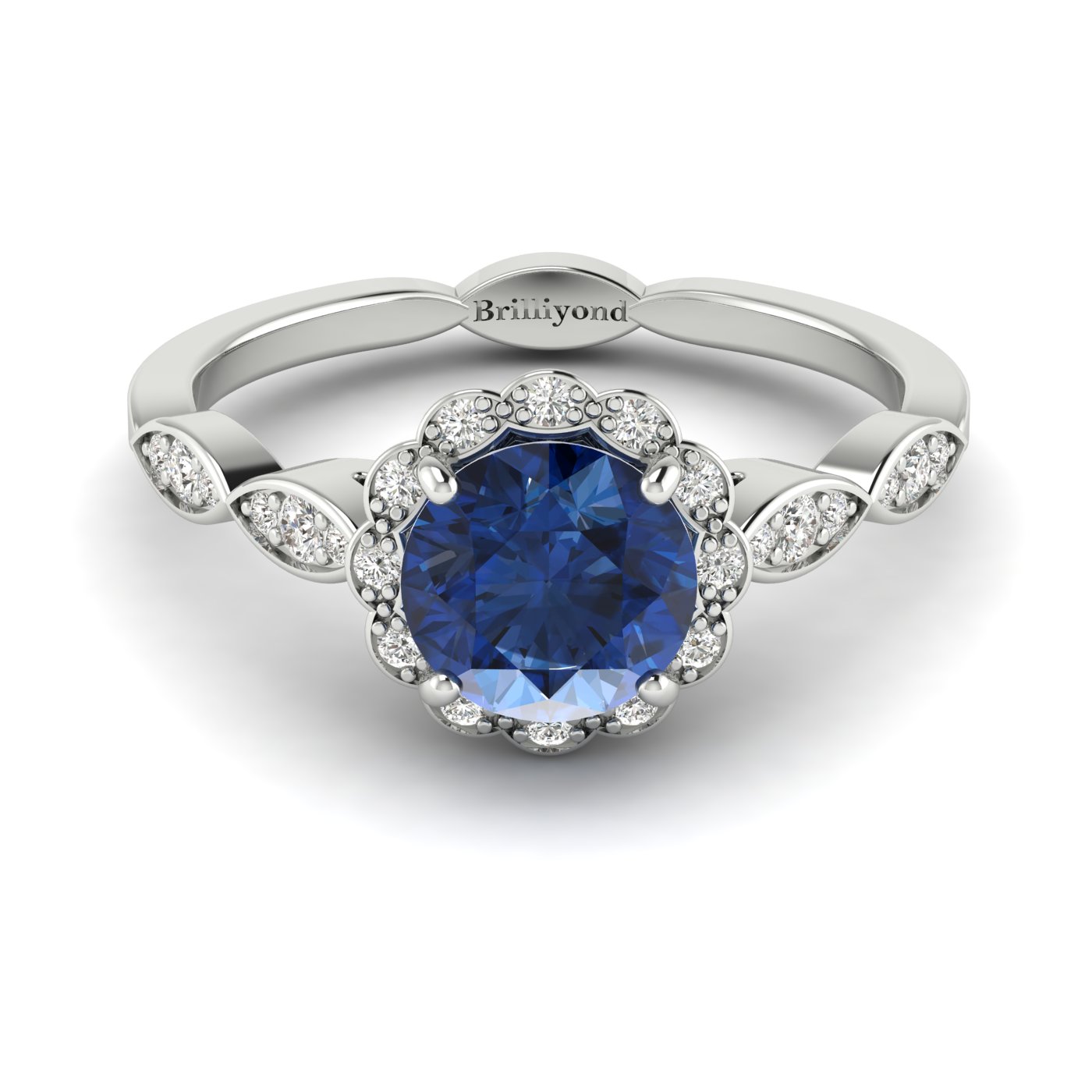 Sapphire Engagement Ring Floral Crown Blue Sapphire White Gold