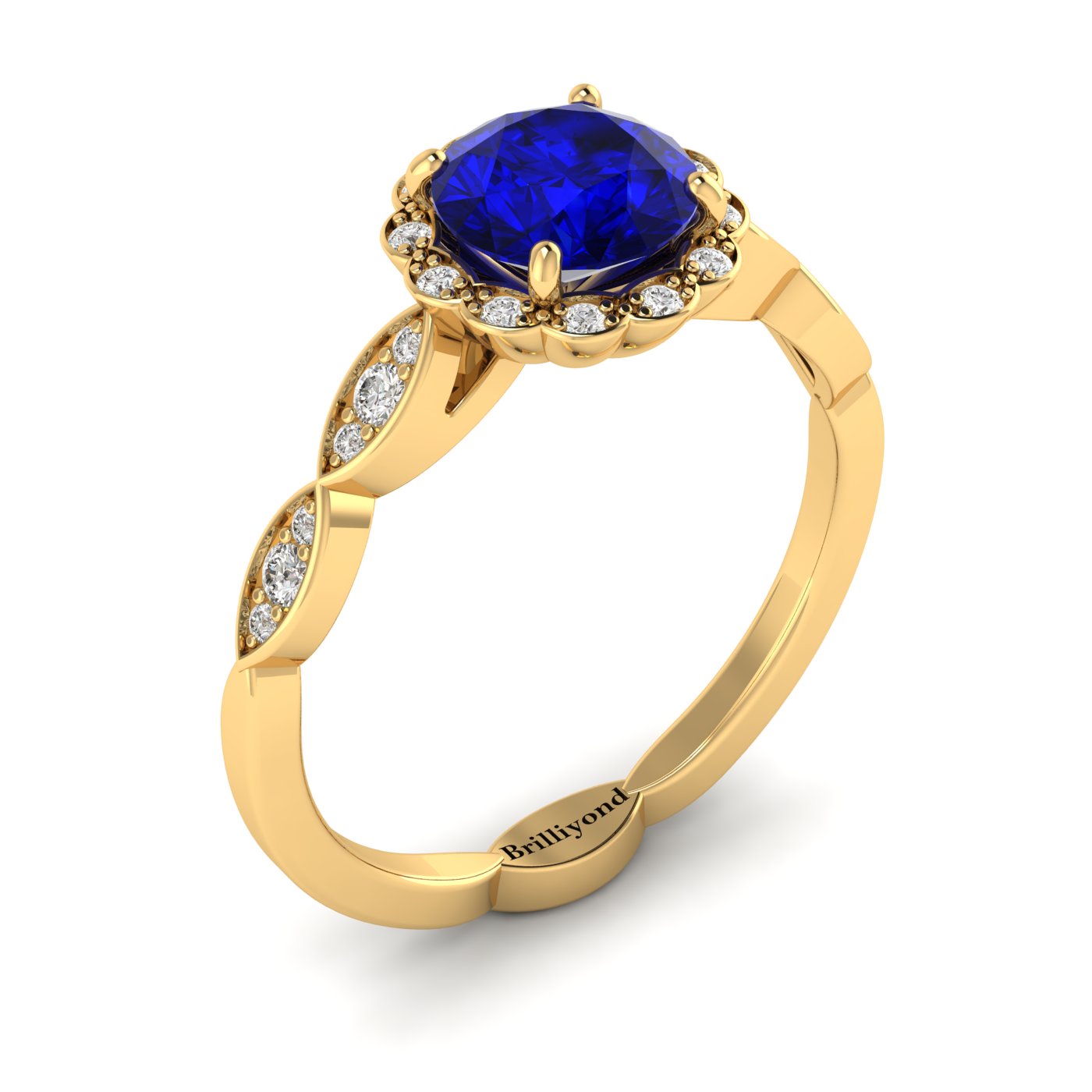 Blue Sapphire Yellow Gold Halo Engagement Ring Floral Crown