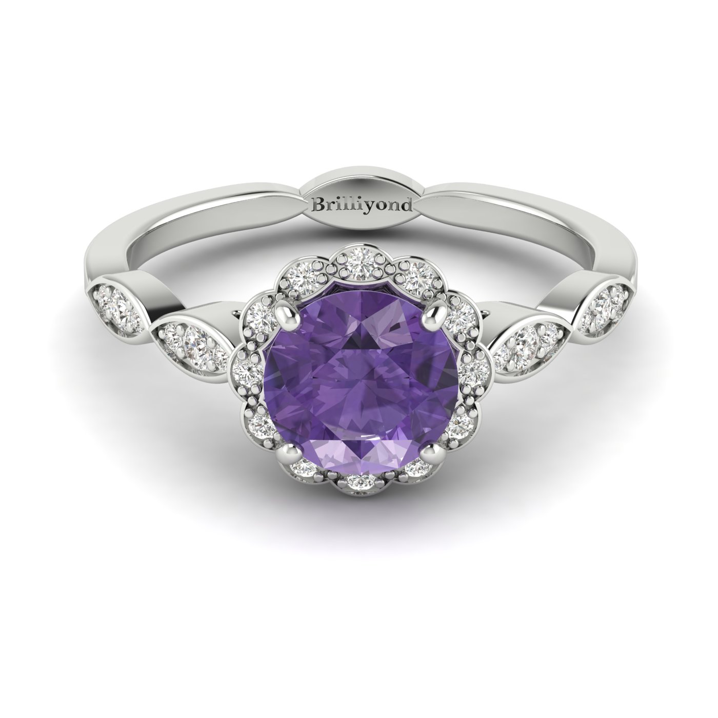 Amethyst White Gold Halo Engagement Ring Floral Crown