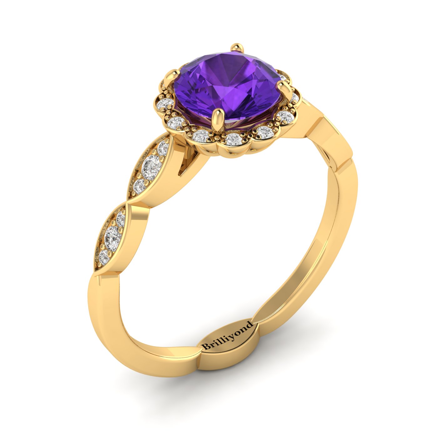 Amethyst Yellow Gold Halo Engagement Ring Floral Crown