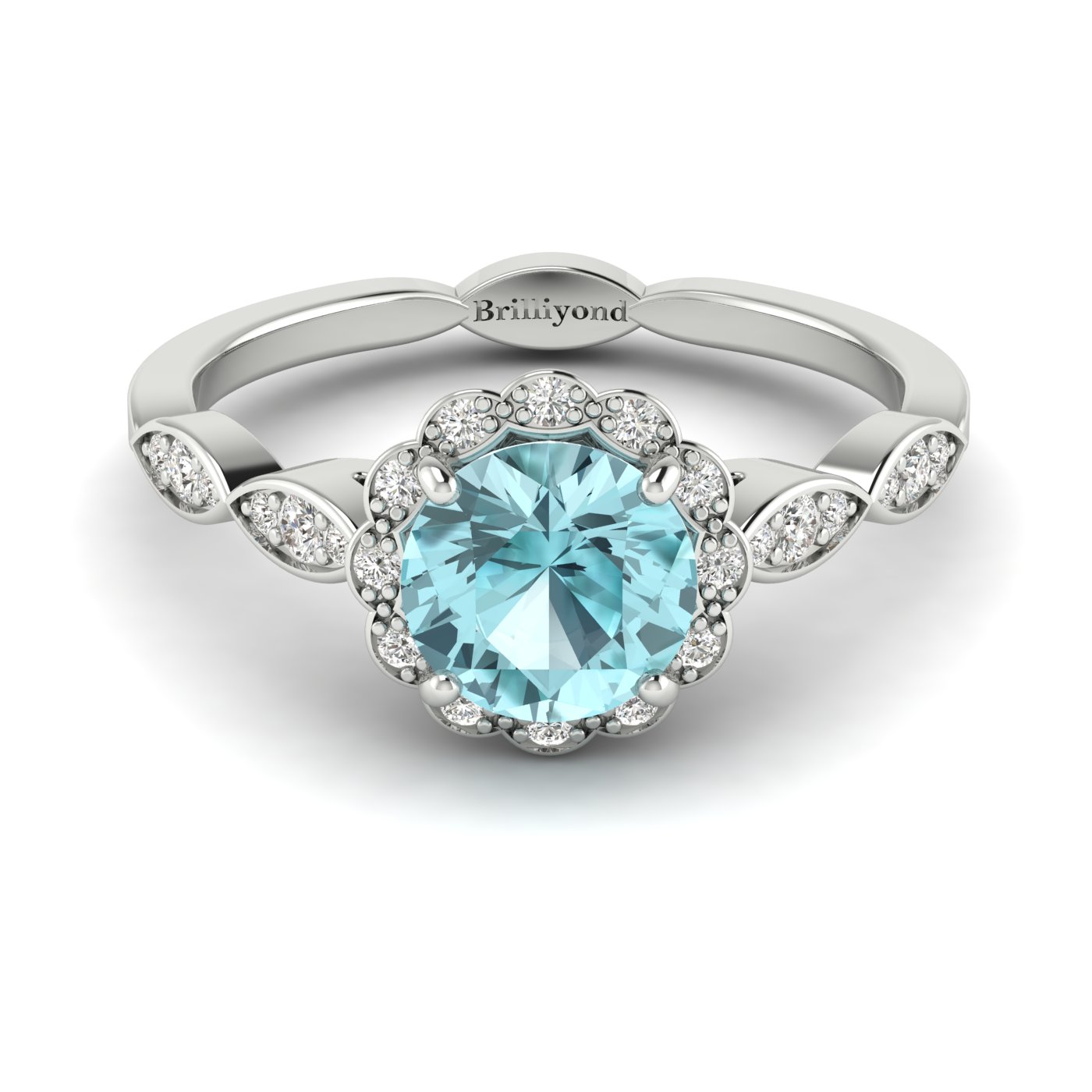 Aquamarine White Gold Halo Engagement Ring Floral Crown