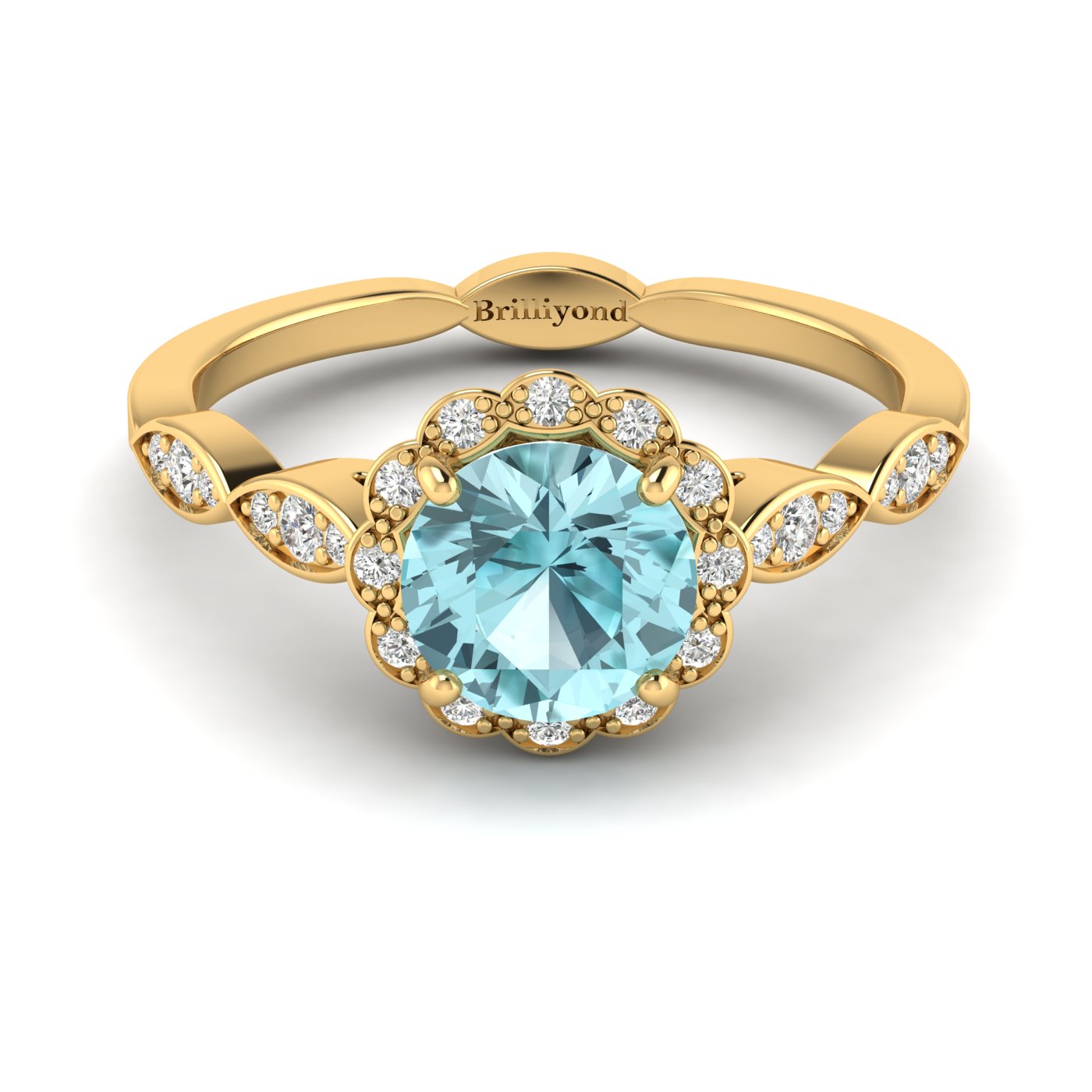 Aquamarine Yellow Gold Halo Engagement Ring Floral Crown