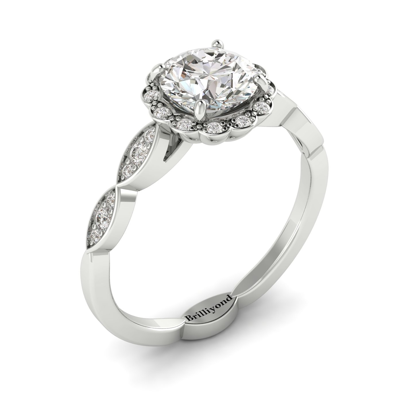 Diamond White Gold Halo Engagement Ring Floral Crown