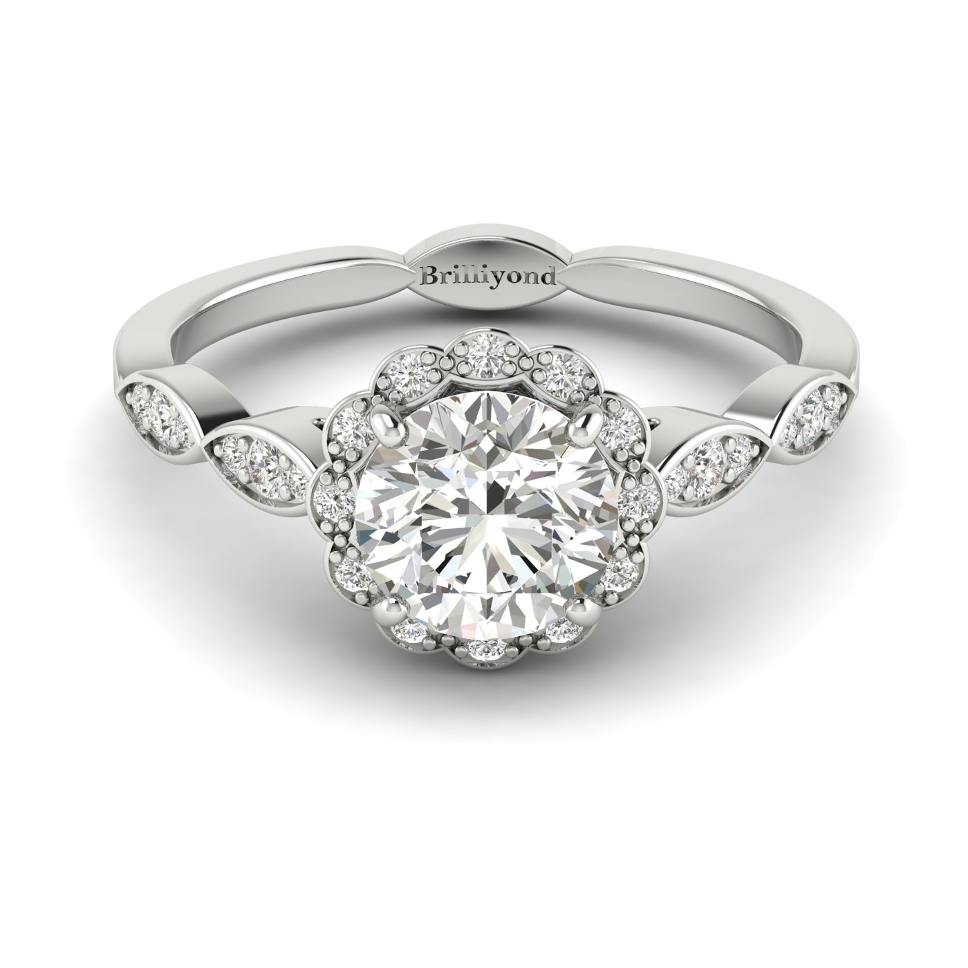 Diamond White Gold Halo Engagement Ring Floral Crown