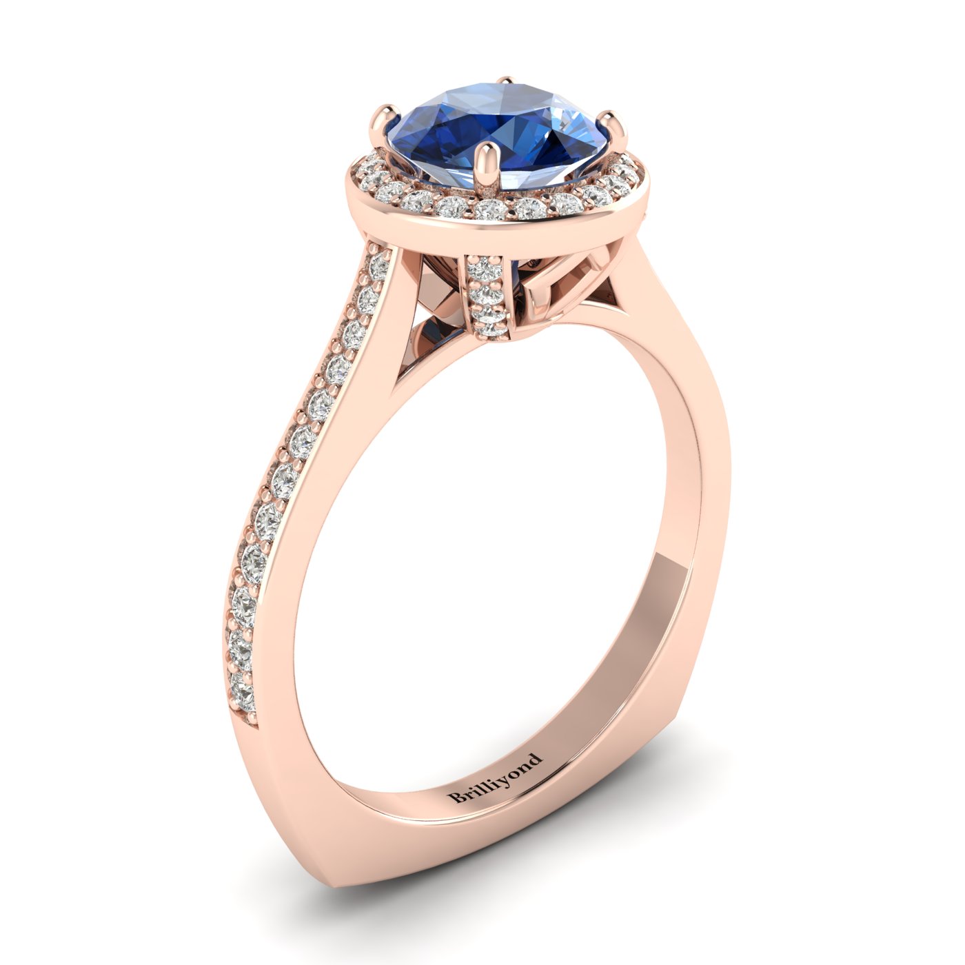 Blue Sapphire Rose Gold Halo Engagement Ring Edelweiss