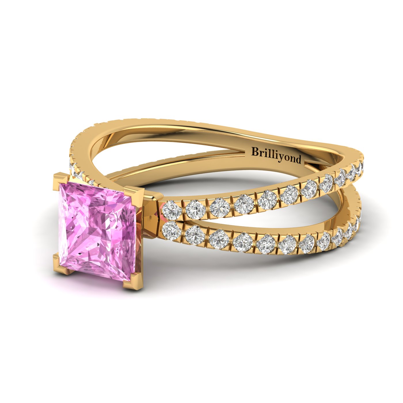 Pink Sapphire Yellow Gold Princess Cut Engagement Ring Florentine