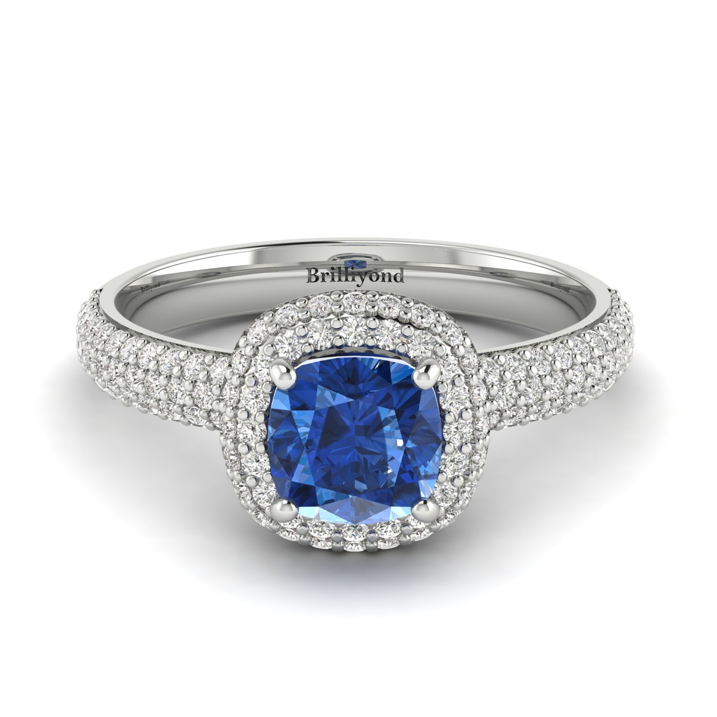 Blue Sapphire White Gold Cushion Cut Engagement Ring Milky Way