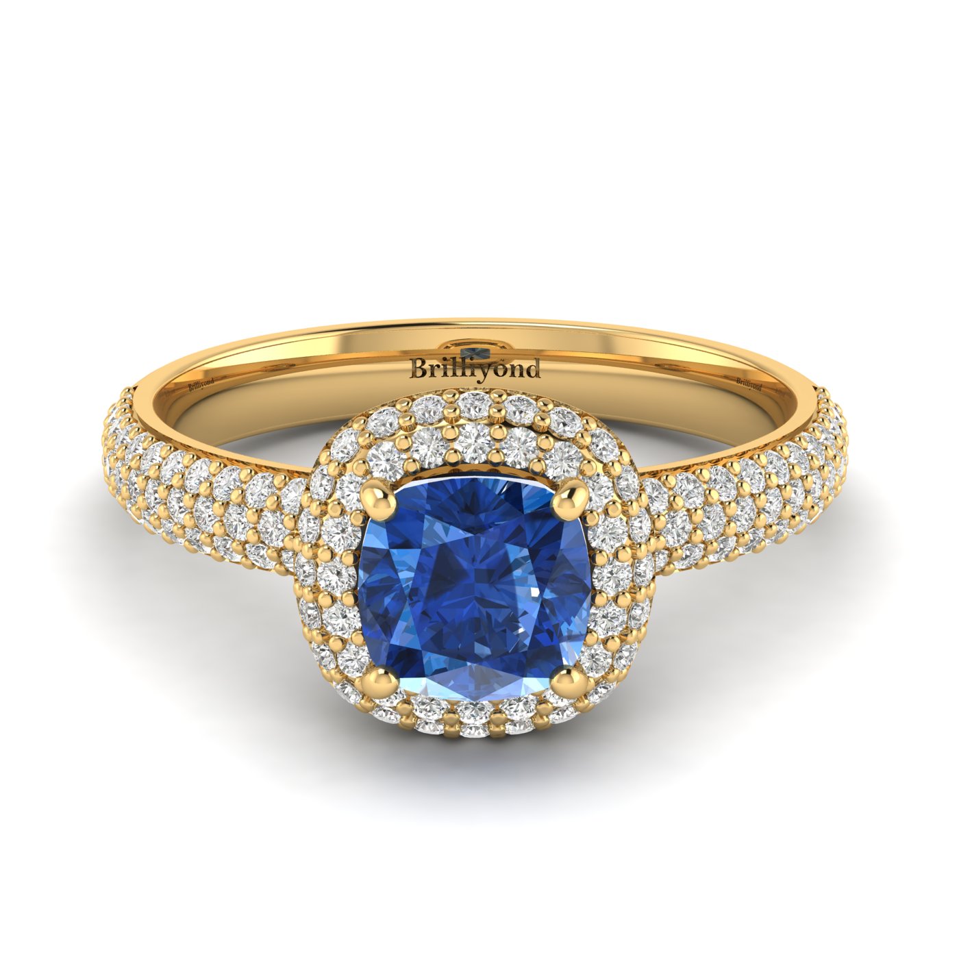 Blue Sapphire Yellow Gold Cushion Cut Engagement Ring Milky Way