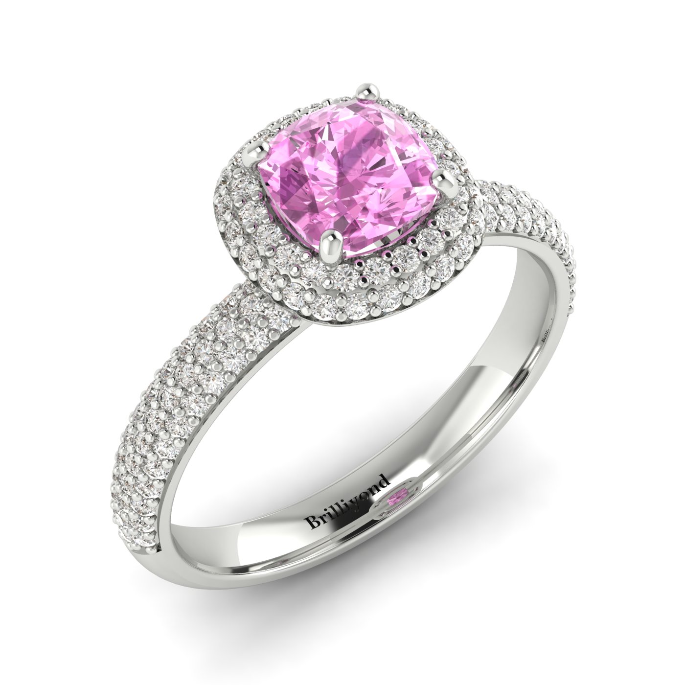 Pink Sapphire White Gold Cushion Cut Engagement Ring Milky Way