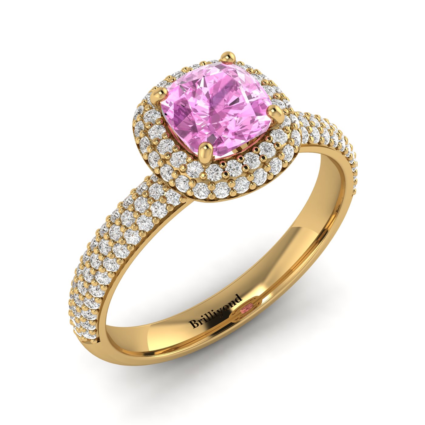 Pink Sapphire Yellow Gold Cushion Cut Engagement Ring Milky Way