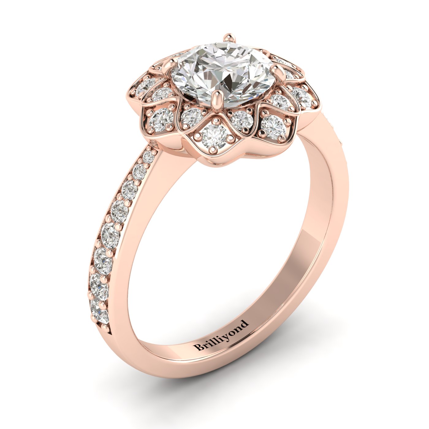 Diamond Rose Gold Floral Halo Engagement Ring Santorini