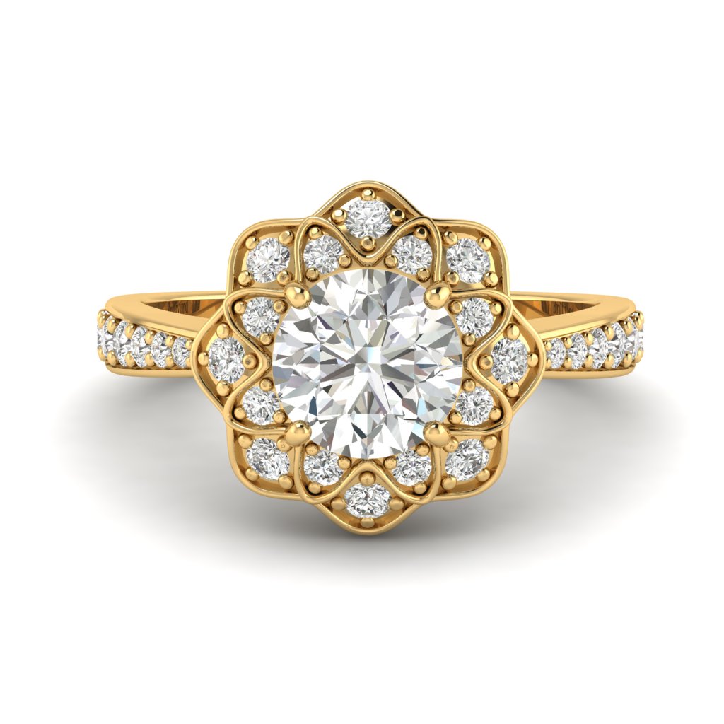 Diamond Yellow Gold Floral Halo Engagement Ring Santorini
