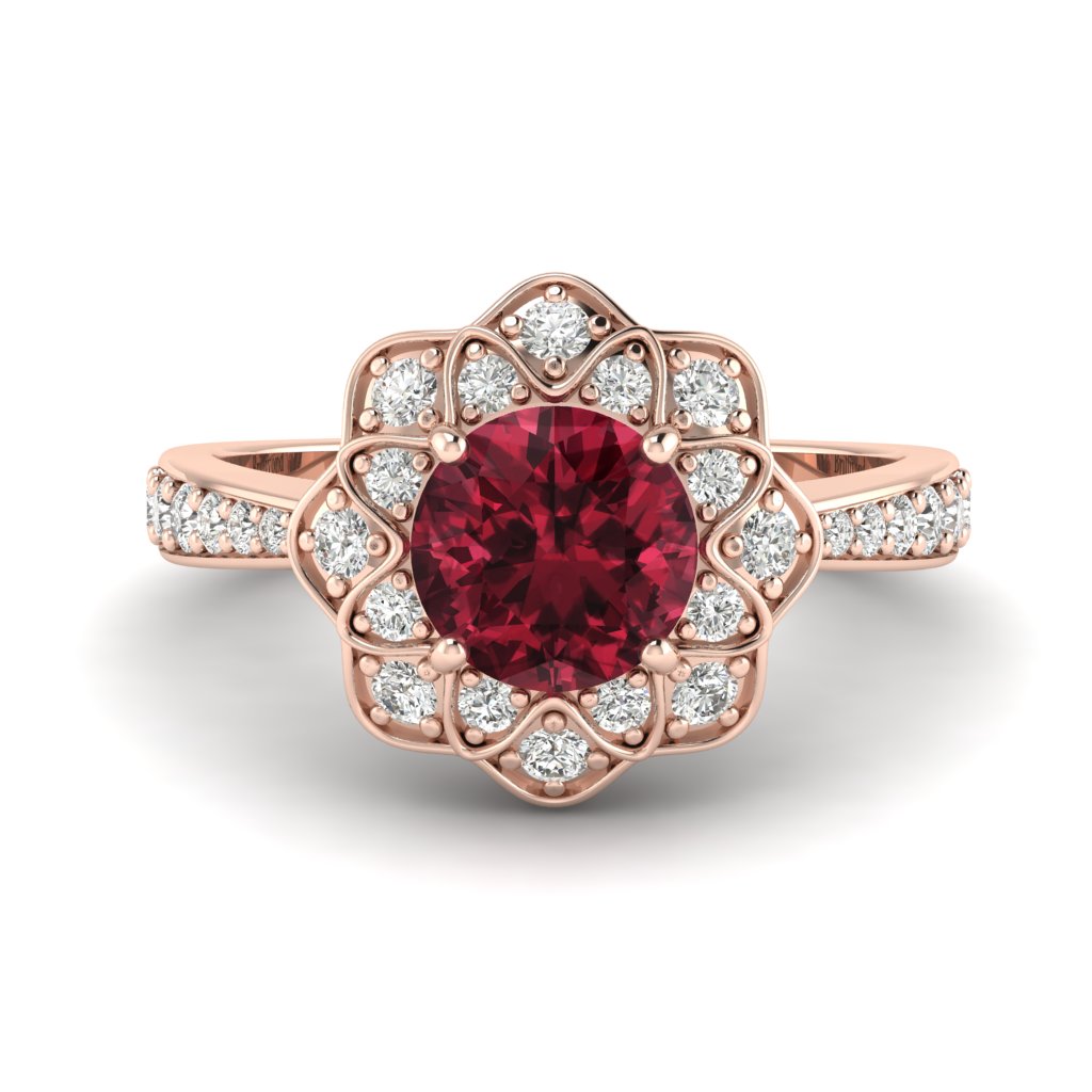 Garnet Ring Rose Gold Floral Halo Santorini
