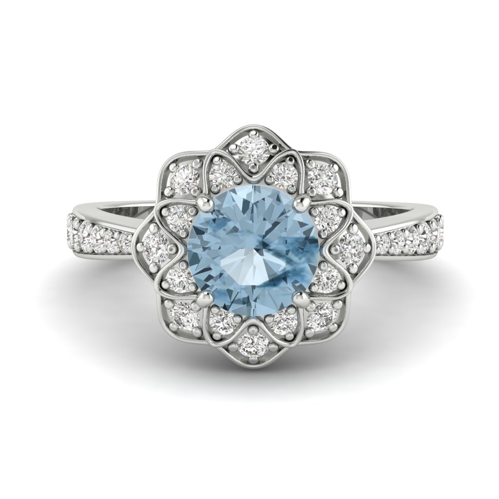 Aquamarine White Gold Floral Halo Engagement Ring Santorini