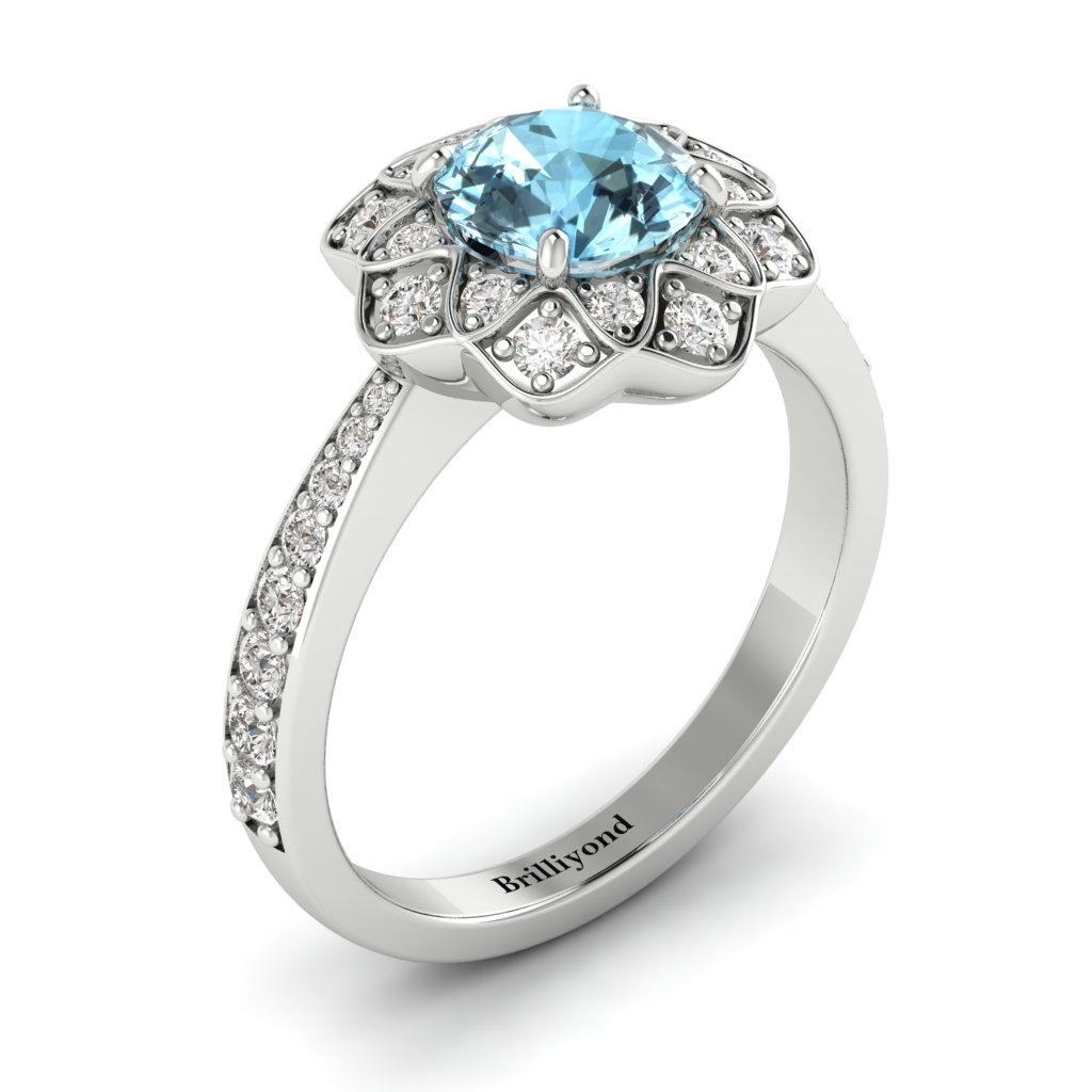 Aquamarine White Gold Floral Halo Engagement Ring Santorini