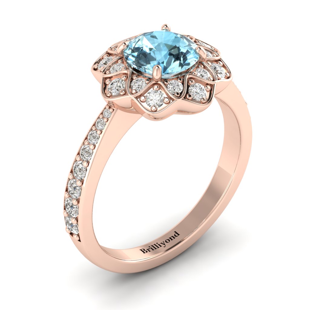 Aquamarine Rose Gold Floral Halo Engagement Ring Santorini