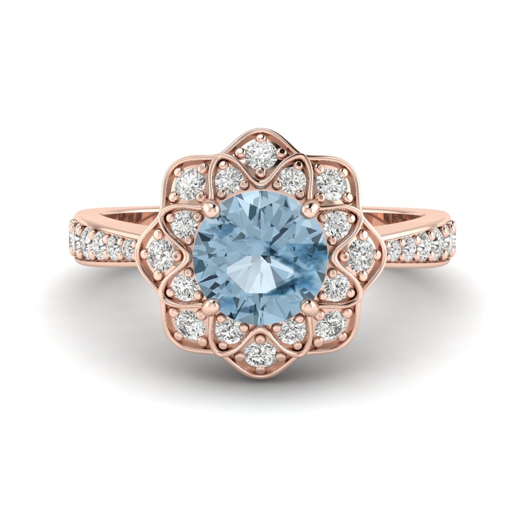 Aquamarine Rose Gold Floral Halo Engagement Ring Santorini