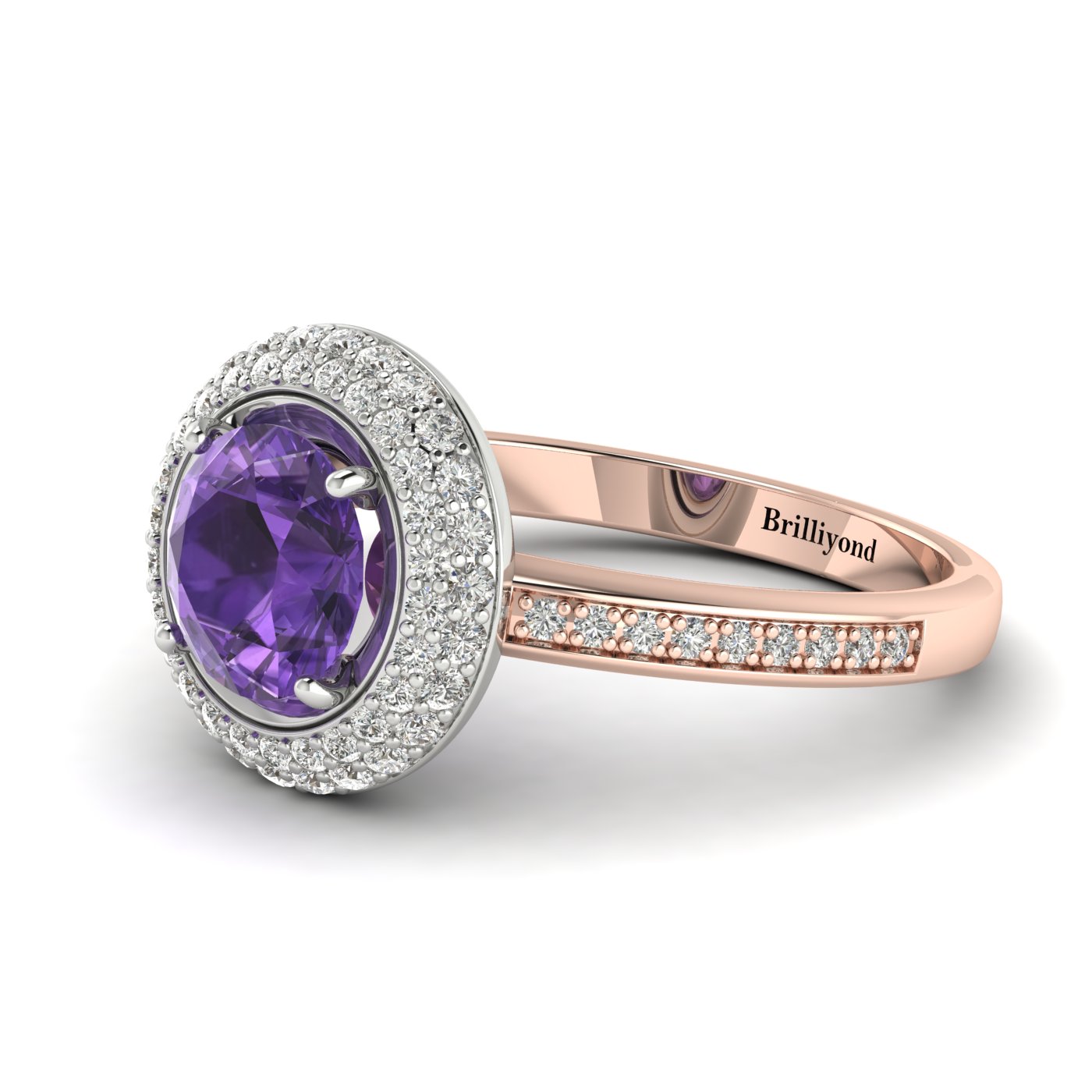 Amethyst Rose Gold Halo Engagement Ring Aura